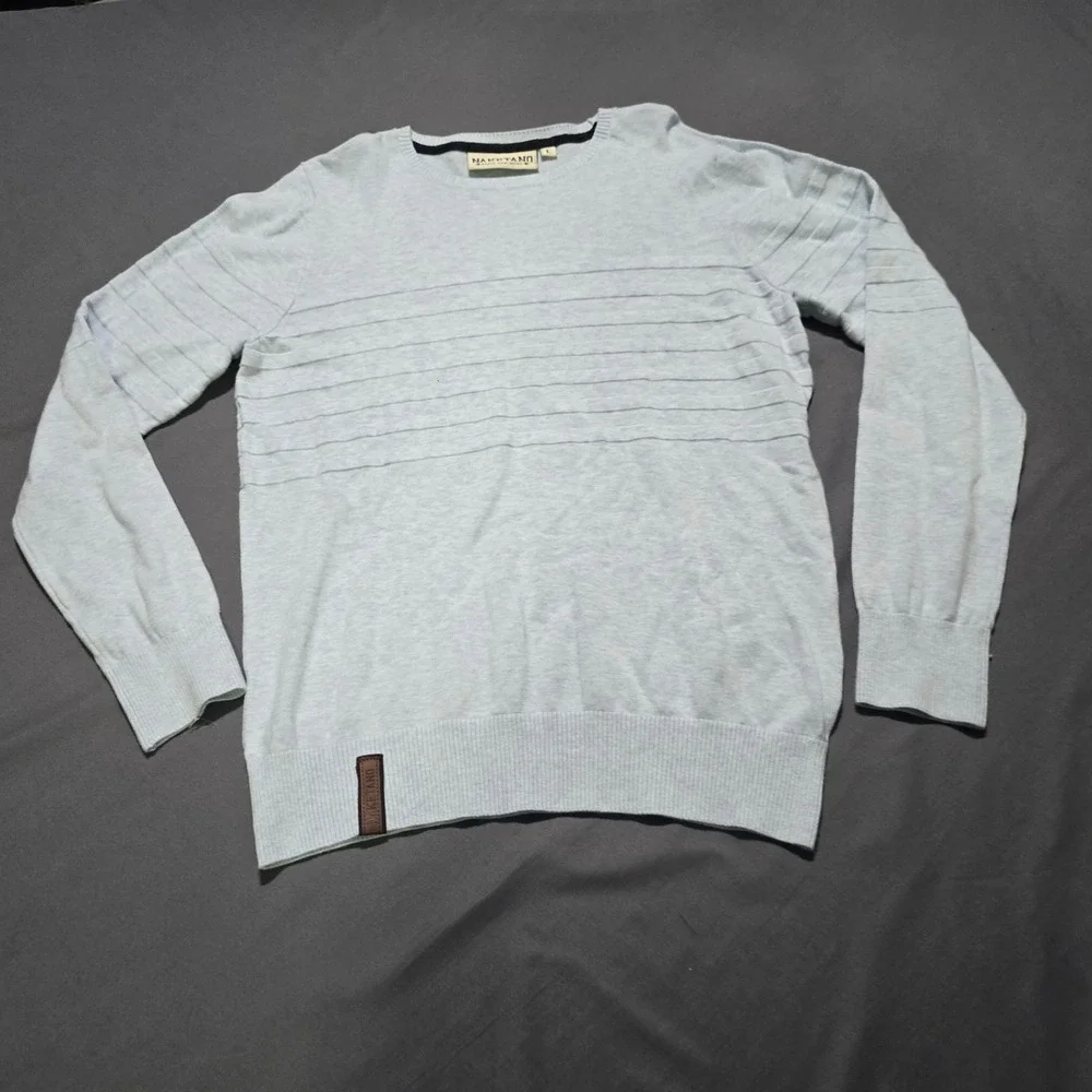 Naketano Sweater Mens Large Light Blue Cotton Textured Ribbed Crew Neck